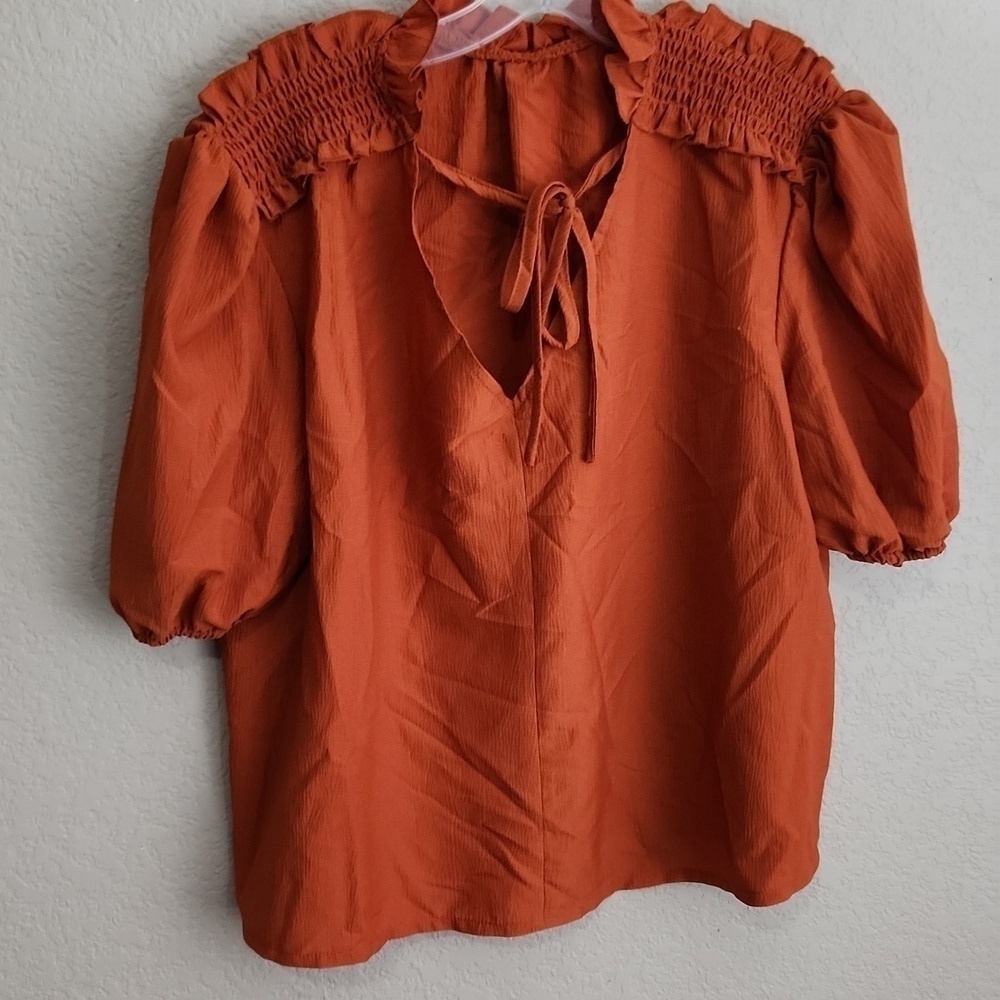 Shein Womens Blouse Size L 8/10 Light Rust Ruffle Bow Balloon Sleeves